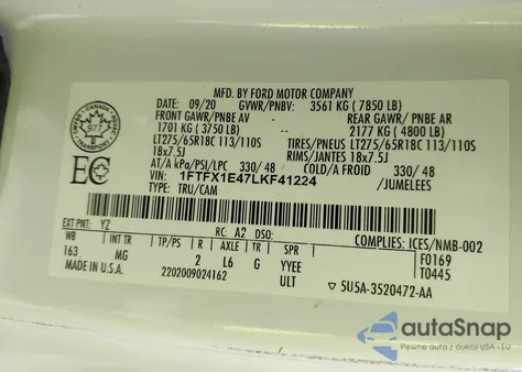 2020 Ford F150 Xlt z USA, uszkodzony, nr VIN 1FTFX1E47LKF41224